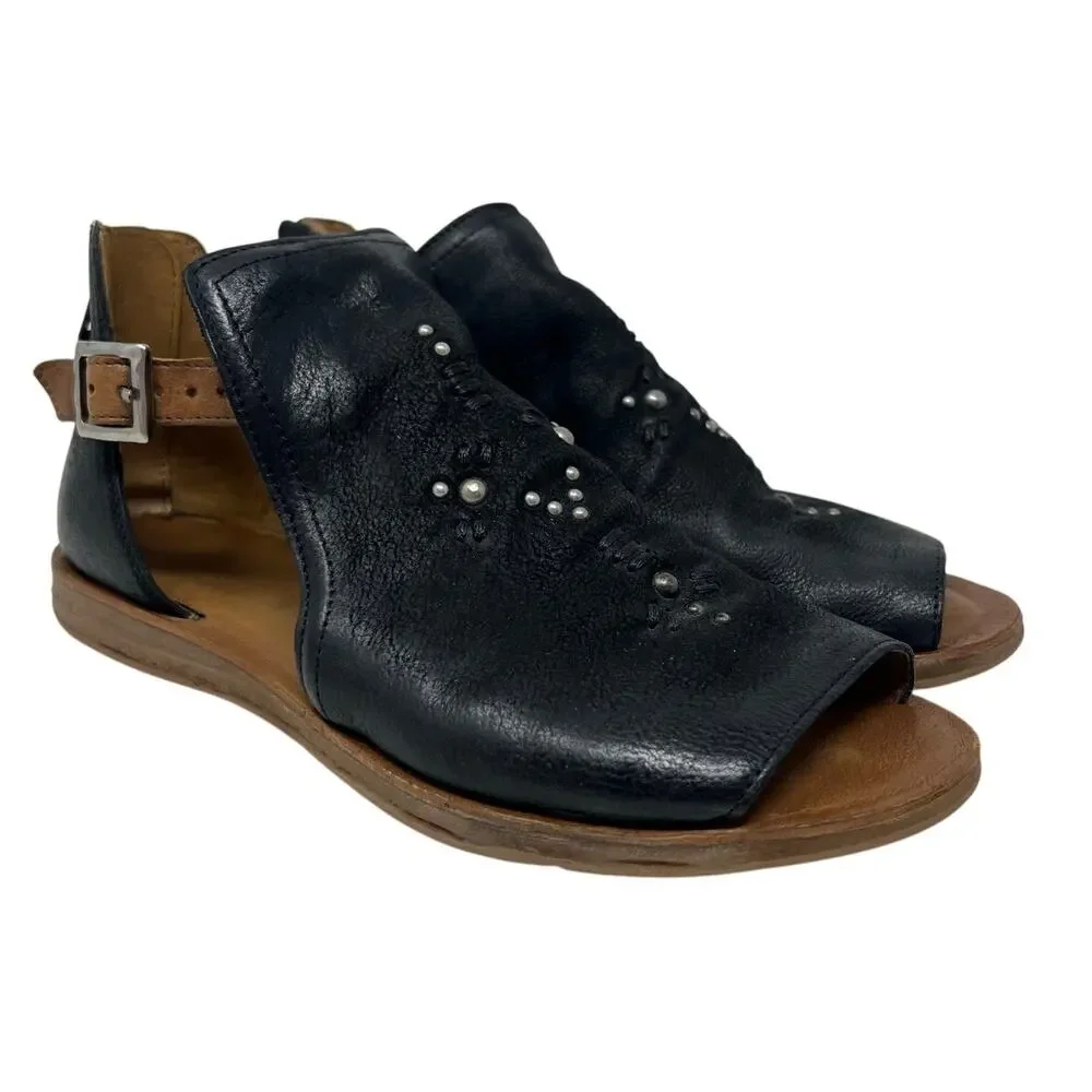 NWT Miz Mooz Women's Feat Black Leather Studded Cutout Sandals 39/8.5
